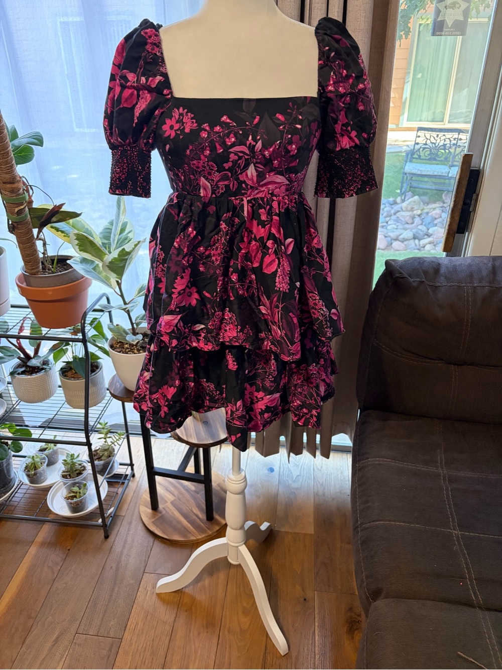Alice + Olivia Black Dress with Hot Pink Floral Texture